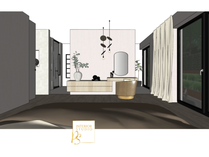 3D interior design of master bedroom with ensuite bathroom and walk-in closet