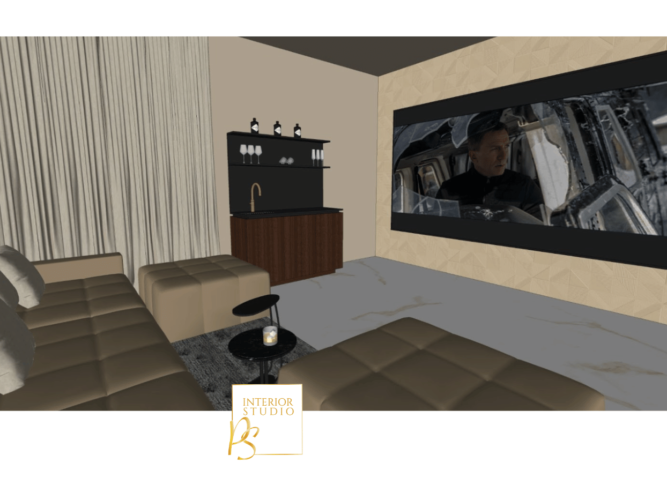 3D interior design of a full cinema room.